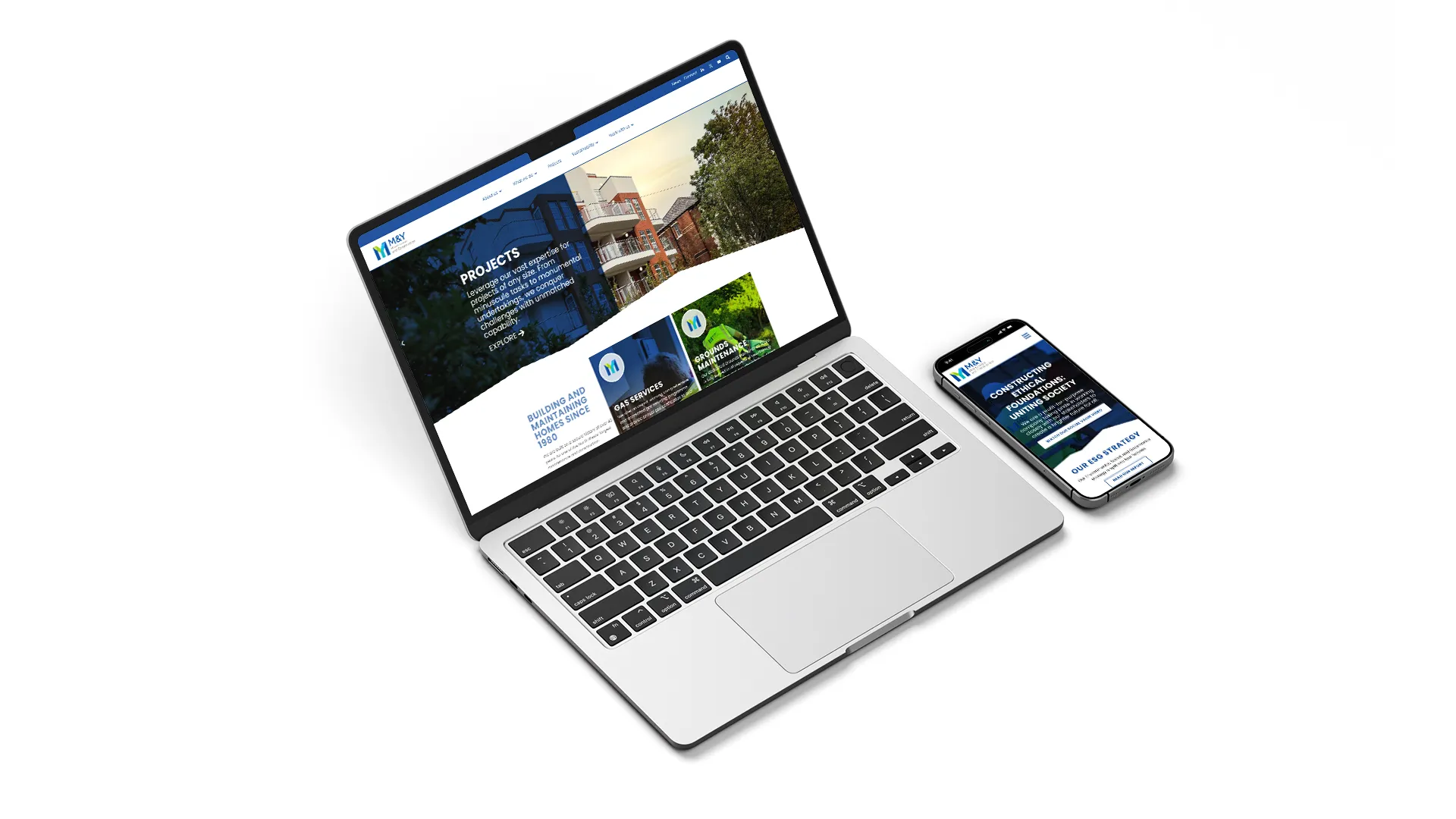 mockup of the new website for m&y on a laptop and mobile device